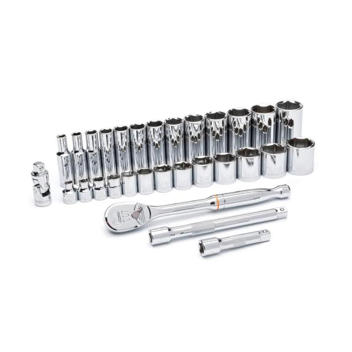 30 Piece 3/8" Drive 6 Point Standard and Deep SAE Mechanics Tool Set