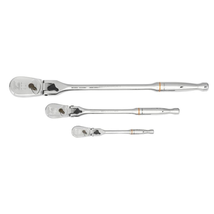 3 Piece 1/4", 3/8" & 1/2" Drive 90-Tooth Locking Flex Head Teardrop Ratchet Set