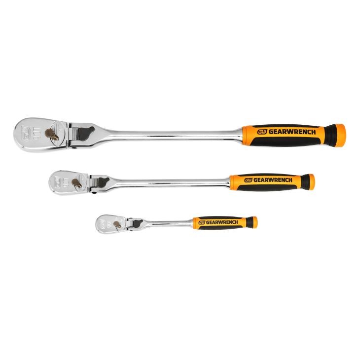 3 Piece 1/4", 3/8" & 1/2" Drive 90-Tooth Dual Material Locking Flex Head Ratchet Set
