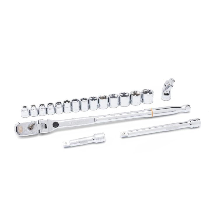 18 Piece 3/8" Drive 120XP Locking Flex Head Ratchet and 6 Point Metric Stubby Socket Mechanics Tool Set