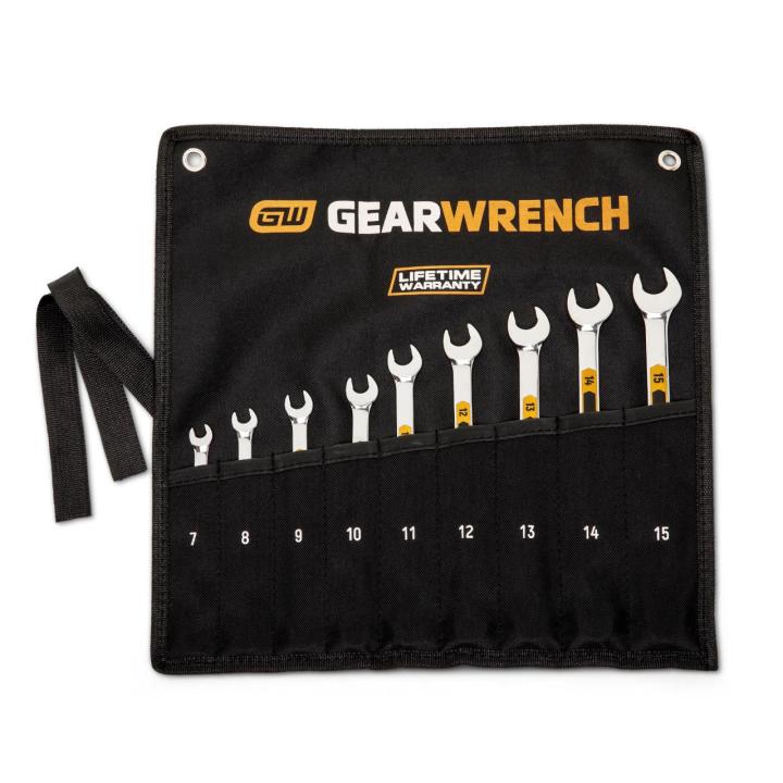 9 Piece 12 Point Metric Hi-Viz Long Pattern Combination Wrench Set with Tool Roll