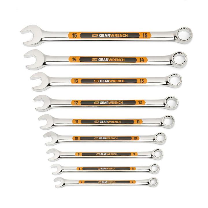 9 Piece 12 Point Metric Hi-Viz Long Pattern Combination Wrench Set with Tool Roll