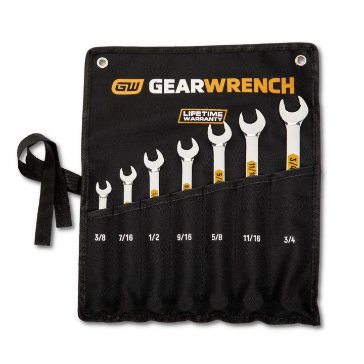7 Piece 12 Point SAE Hi-Viz Long Pattern Combination Wrench Set with Tool Roll