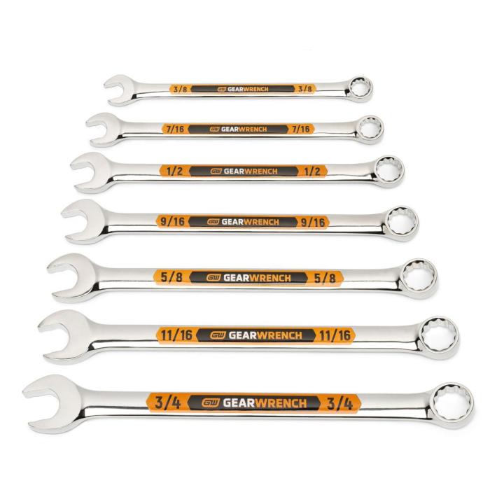 7 Piece 12 Point SAE Hi-Viz Long Pattern Combination Wrench Set with Tool Roll