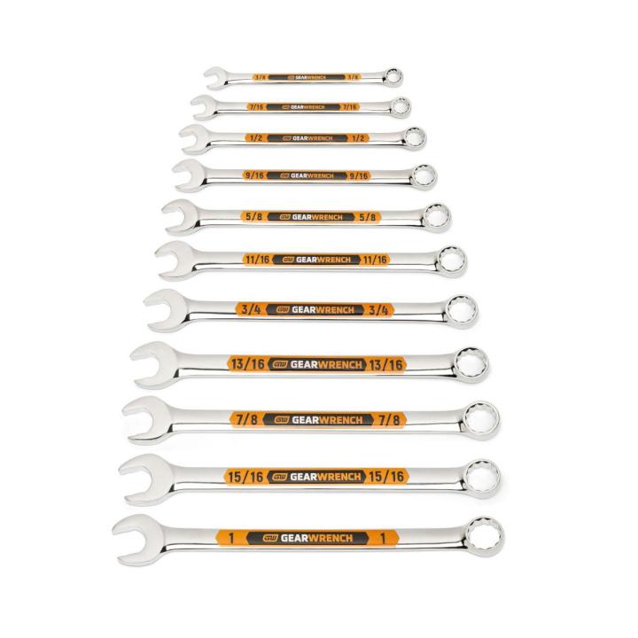 11 Piece 12 Point SAE Hi-Viz Long Pattern Combination Wrench Set with Tool Roll