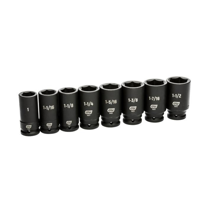 8 Piece 3/4" Drive 6 Point SAE Deep Impact Socket Set