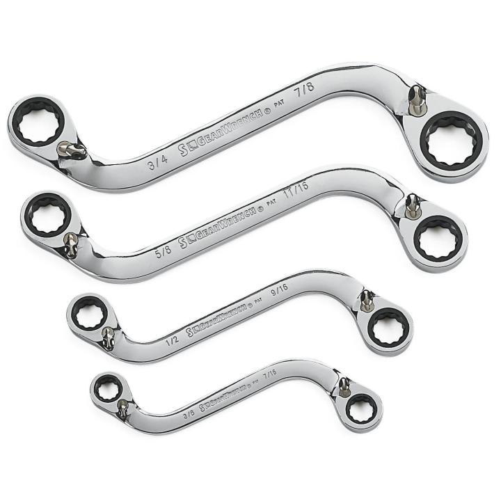 4 Piece 72-Tooth 12 Point Reversible S-Shape Double Box Ratcheting SAE Wrench Set