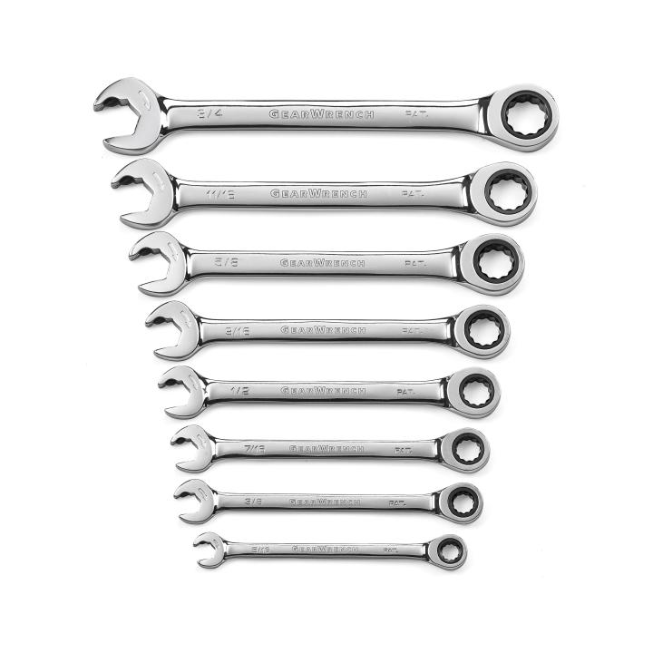 8 Piece 72-Tooth 12 Point Open End Ratcheting Combination SAE Wrench Set