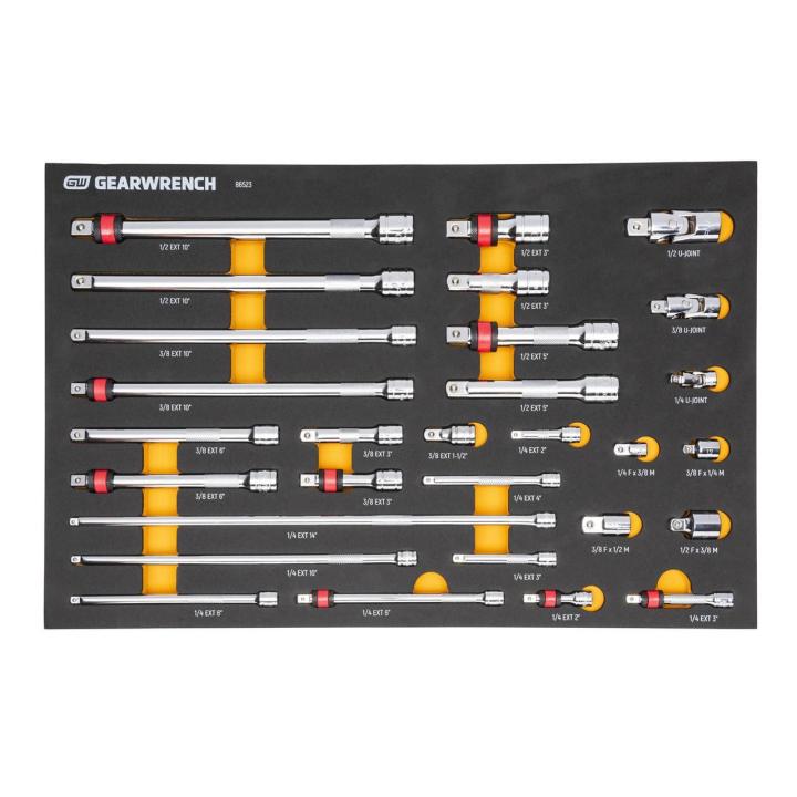 29 Piece 1/4", 3/8" & 1/2" Drive Master Chrome Drive Tool Accessories Set with Foam Storage Tray