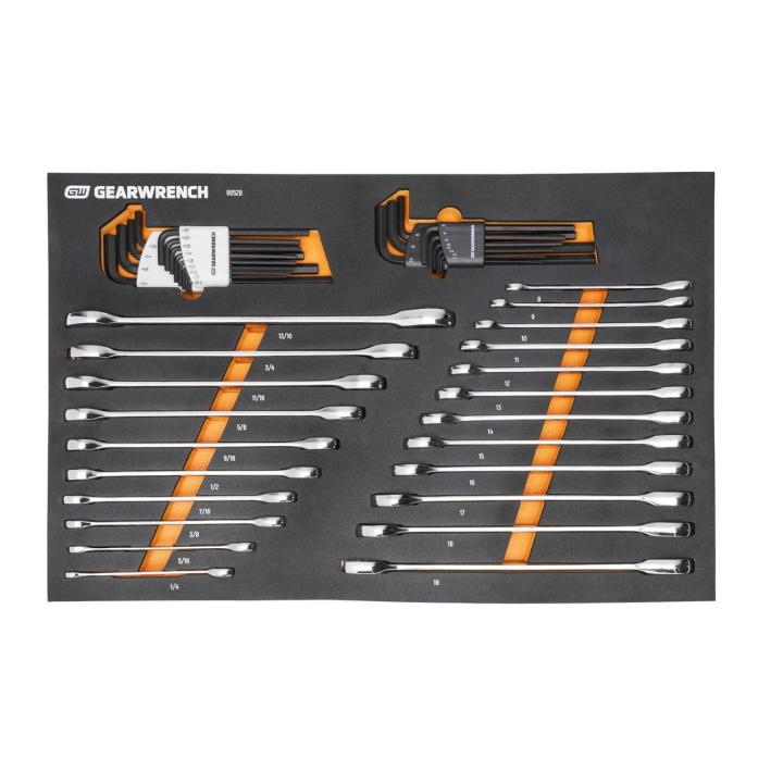 44 Piece 90T SAE/Metric Combination Ratcheting Wrench & Long Arm Hex Key Set with Foam Storage Tray