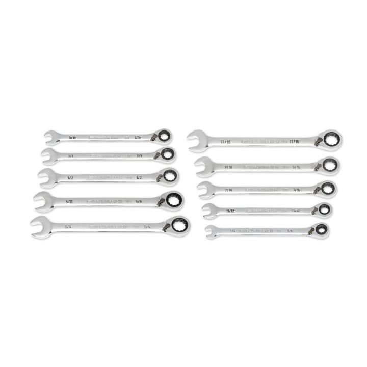 10 Piece 90-Tooth 12 Point SAE Reversible Ratcheting Wrench Set