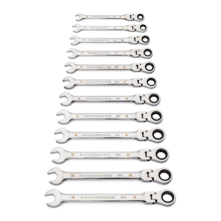 12 Piece 90-Tooth 12 Point Flex Head Ratcheting Combination Metric Wrench Set