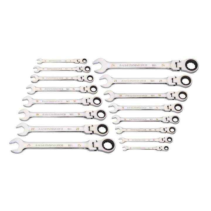 16 Piece 90-Tooth 12 Point Flex Head Ratcheting Combination Metric Wrench Set