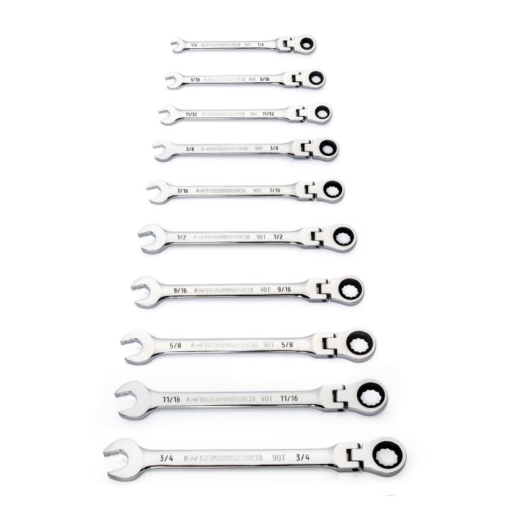 10 Piece 90-Tooth 12 Point Flex Head Ratcheting Combination SAE Wrench Set