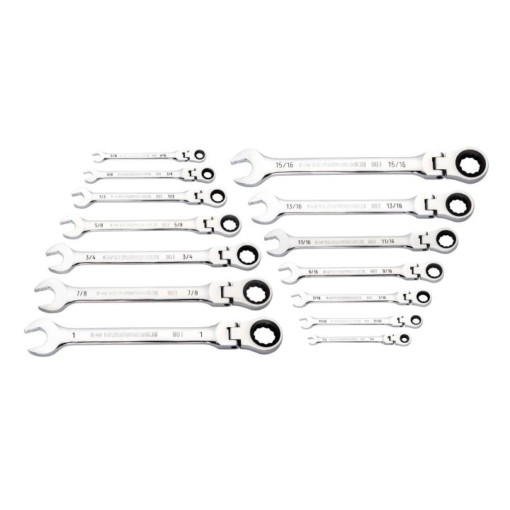 14 Piece 90-Tooth 12 Point Flex Head Ratcheting Combination SAE Wrench Set