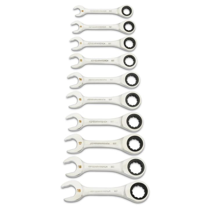 10 Piece 90-Tooth 12 Point Metric Stubby Ratcheting Combination Wrench Set