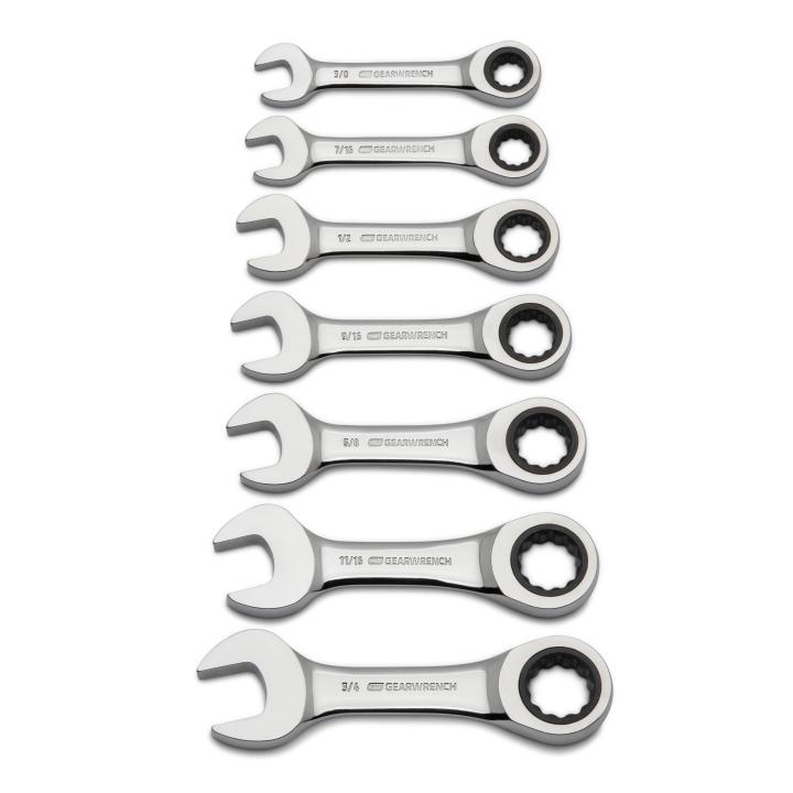 7 Piece 72-Tooth 12 Point Stubby Ratcheting Combination SAE Wrench Set
