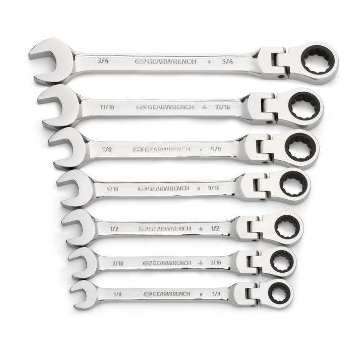 7 Piece 72-Tooth 12 Point Flex Head Ratcheting Combination SAE Wrench Set