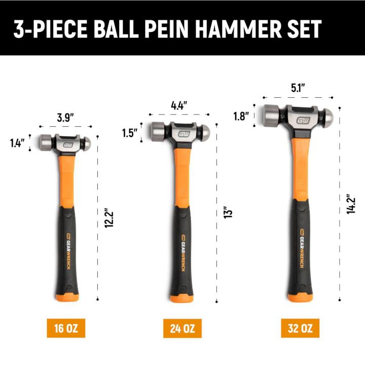 3 Piece Ball Pein Hammer with Fiberglass Handles Set