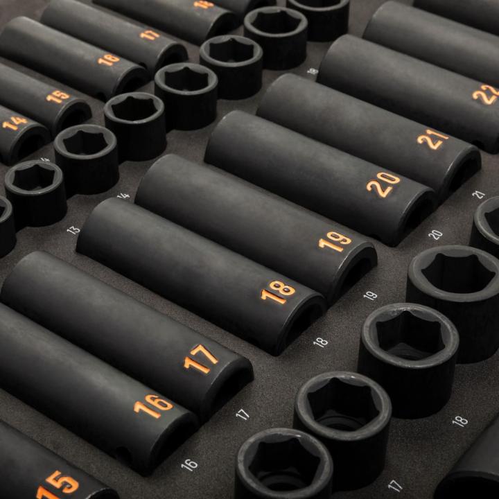 68 Piece 3/8” & 1/2” Drive 6 Point Metric Standard & Deep Hi-Viz Impact Socket Set in Foam Storage Tray
