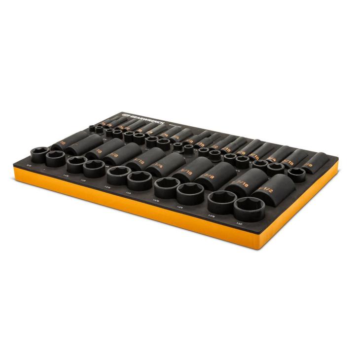 54 Piece 3/8” & 1/2” Drive 6 Point SAE Standard & Deep Hi-Viz Impact Socket Set in Foam Storage Tray