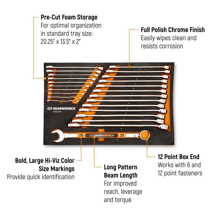 24 Piece 12 Point Metric Hi-Viz Long Pattern Combination Wrench Set in Foam Storage Tray