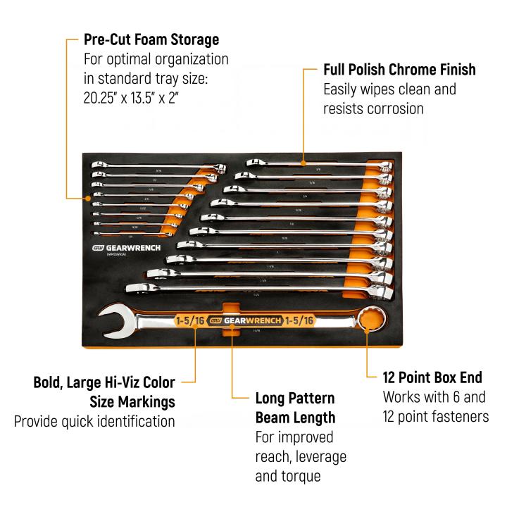 19 Piece 12 Point SAE Hi-Viz Long Pattern Combination Wrench Set in Foam Storage Tray