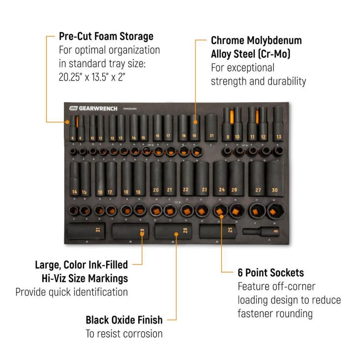 68 Piece 3/8” & 1/2” Drive 6 Point Metric Standard & Deep Hi-Viz Impact Socket Set in Foam Storage Tray
