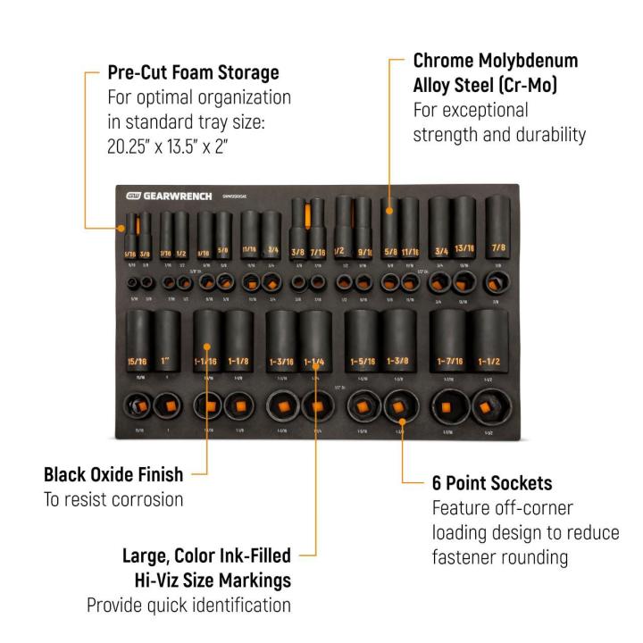 54 Piece 3/8” & 1/2” Drive 6 Point SAE Standard & Deep Hi-Viz Impact Socket Set in Foam Storage Tray