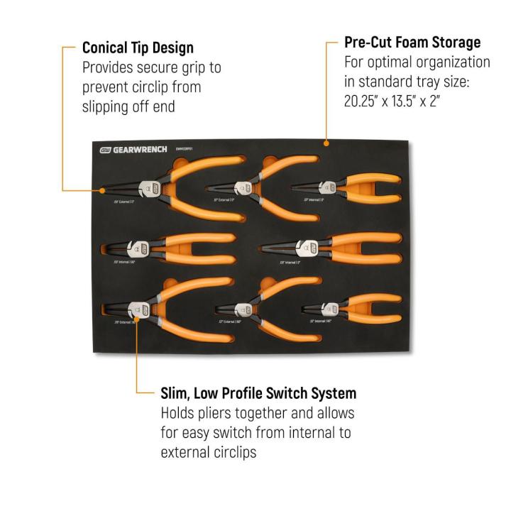 8 Piece Fixed Joint Internal/External Snap Ring Pliers Set in Foam Tray