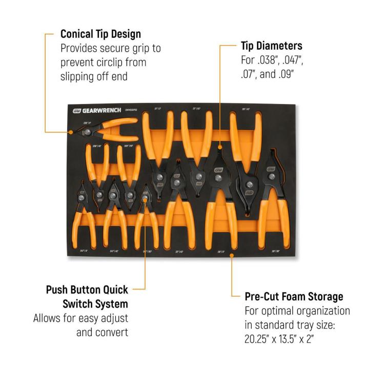 12 Piece Convertible Push Button Snap Ring Pliers Set in Foam Tray