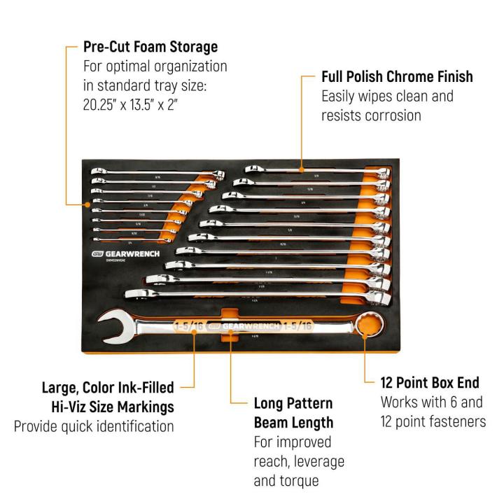19 Piece 12 Point SAE Hi-Viz Long Pattern Combination Wrench Set in Foam Storage Tray