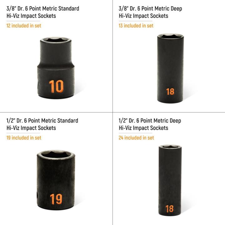 68 Piece 3/8” & 1/2” Drive 6 Point Metric Standard & Deep Hi-Viz Impact Socket Set in Foam Storage Tray