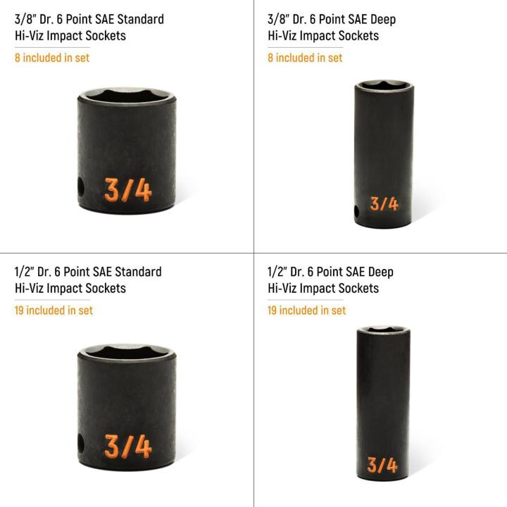 54 Piece 3/8” & 1/2” Drive 6 Point SAE Standard & Deep Hi-Viz Impact Socket Set in Foam Storage Tray