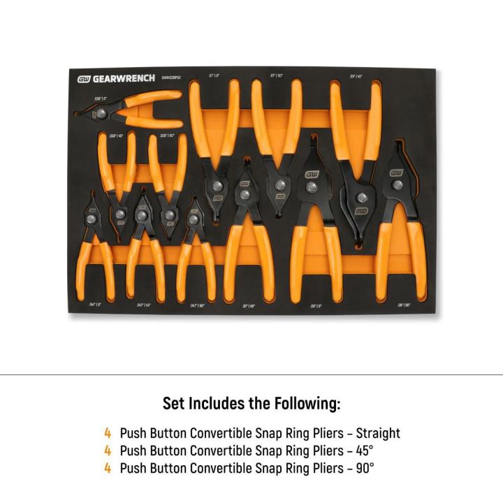 12 Piece Convertible Push Button Snap Ring Pliers Set in Foam Tray