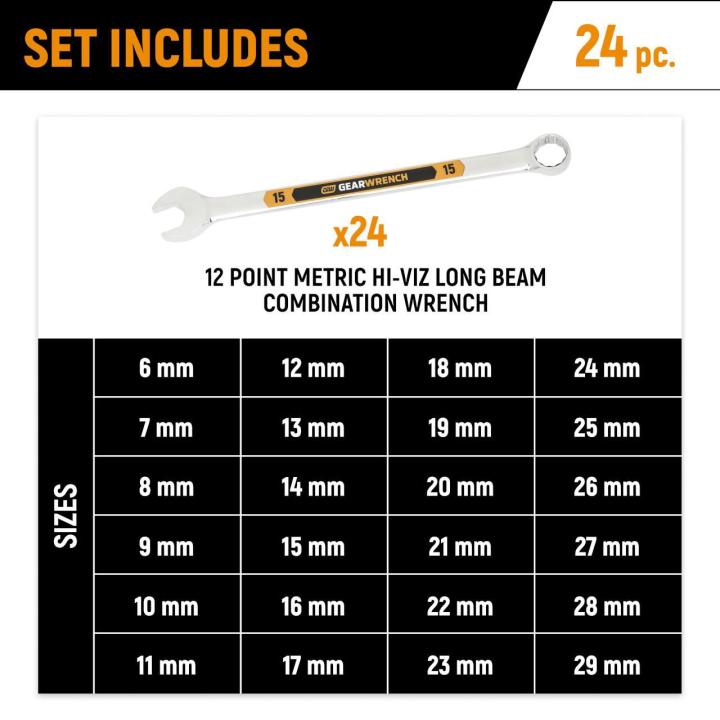 24 Piece 12 Point Metric Hi-Viz Long Pattern Combination Wrench Set in Foam Storage Tray