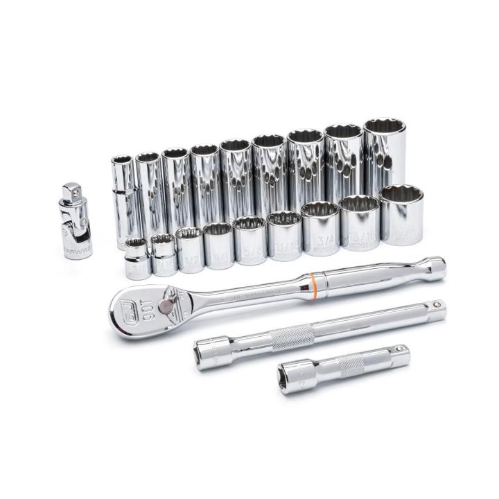 22 Piece 3/8" Drive 12 Point Standard and Deep SAE Mechanics Tool Set