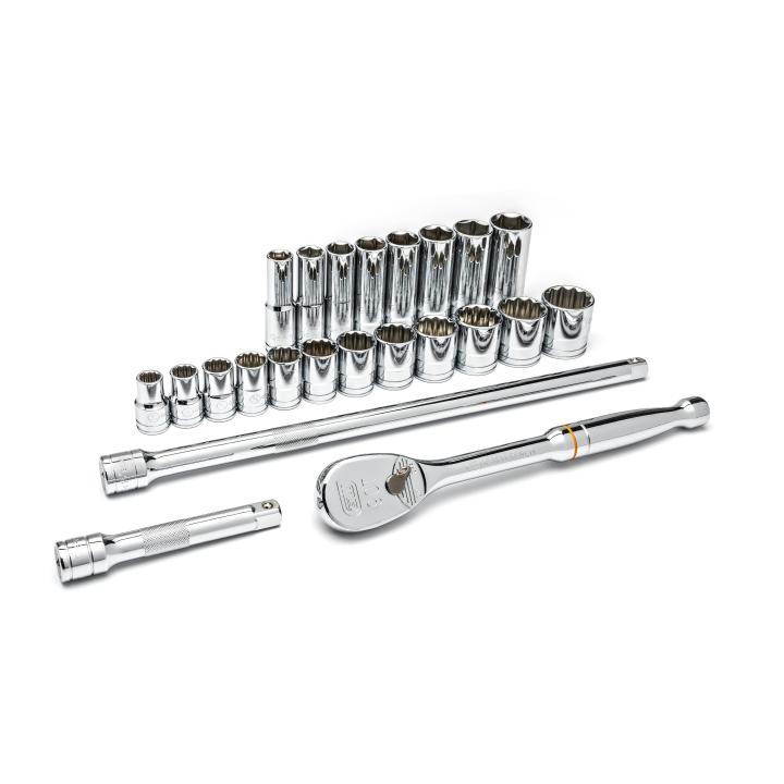 23 Piece 1/2" Drive 12 Point Standard and 6 Point Deep SAE Mechanics Tool Set