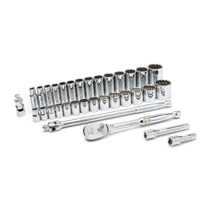 33 Piece 1/2" Drive 12 Point Standard and Deep SAE Mechanics Tool Set
