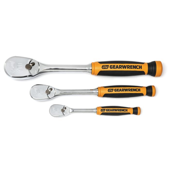 3 Piece 1/4", 3/8" & 1/2" Drive 90-Tooth Dual Material Teardrop Ratchet Set
