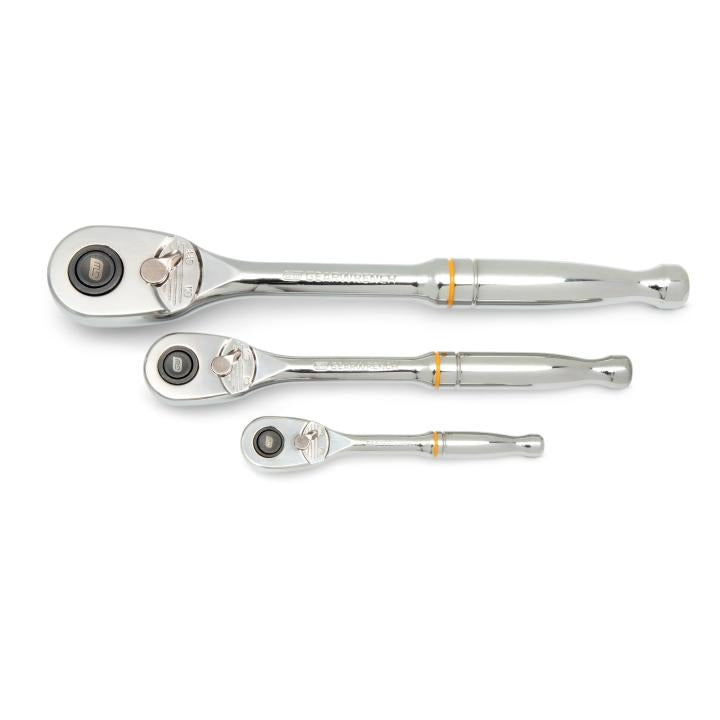 3 Piece 1/4", 3/8” & 1/2" Drive 90-Tooth Quick Release Teardrop Ratchet Set