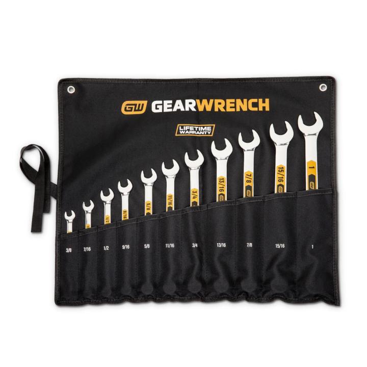 11 Piece 12 Point SAE Hi-Viz Long Pattern Combination Wrench Set with Tool Roll