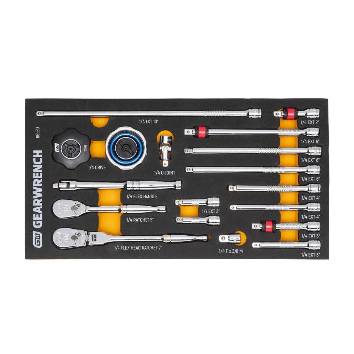 18 Piece 1/4" 90-Tooth Ratchet & Drive Tool Set with Foam Storage Tray