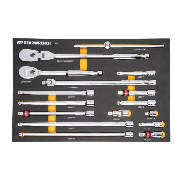 16 Piece 1/2" 90-Tooth Ratchet & Drive Tool Set with Foam Storage Tray
