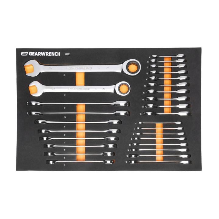 28 Piece 72-Tooth 12 Point Metric Standard and Stubby Combination Ratcheting Wrench Set with Foam Storage Tray