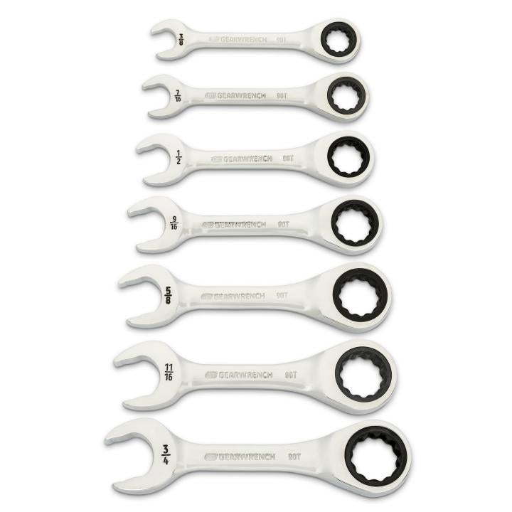 7 Piece 90-Tooth 12 Point SAE Stubby Ratcheting Combination Wrench Set