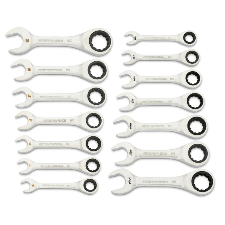14 Piece 90-Tooth 12 Point SAE/Metric Stubby Ratcheting Combination Wrench Set