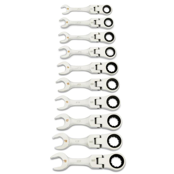 10 Piece 90-Tooth 12 Point Metric Stubby Flex Ratcheting Combination Wrench Set
