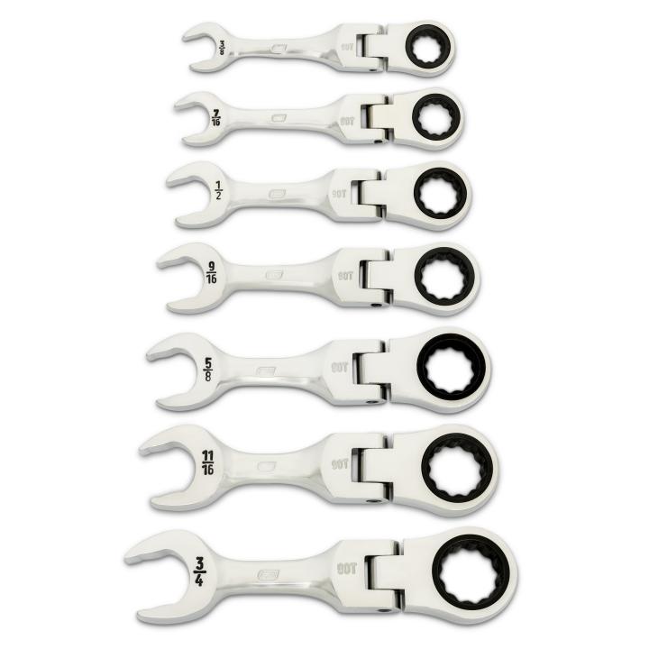 7 Piece 90-Tooth 12 Point SAE Stubby Flex Ratcheting Combination Wrench Set