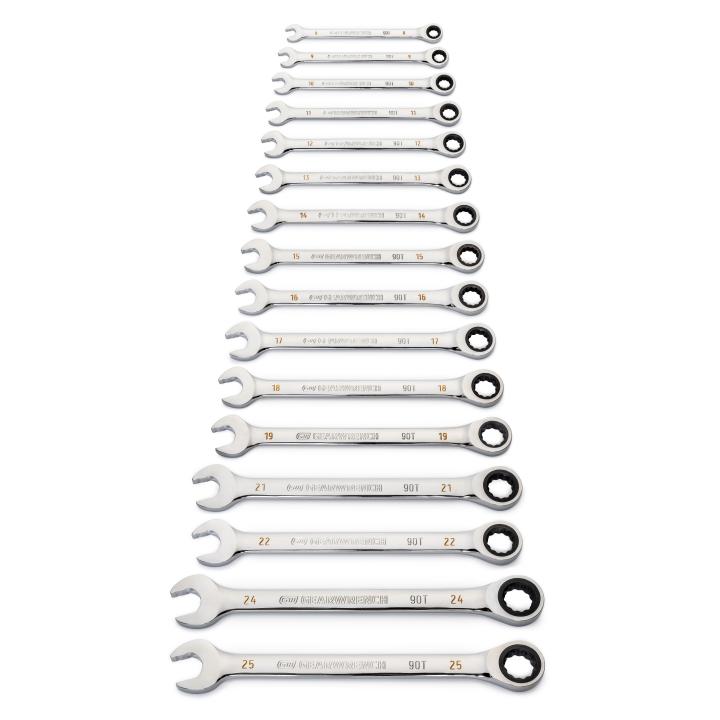 16 Piece 90-Tooth 12 Point Metric Combination Ratcheting Wrench Set